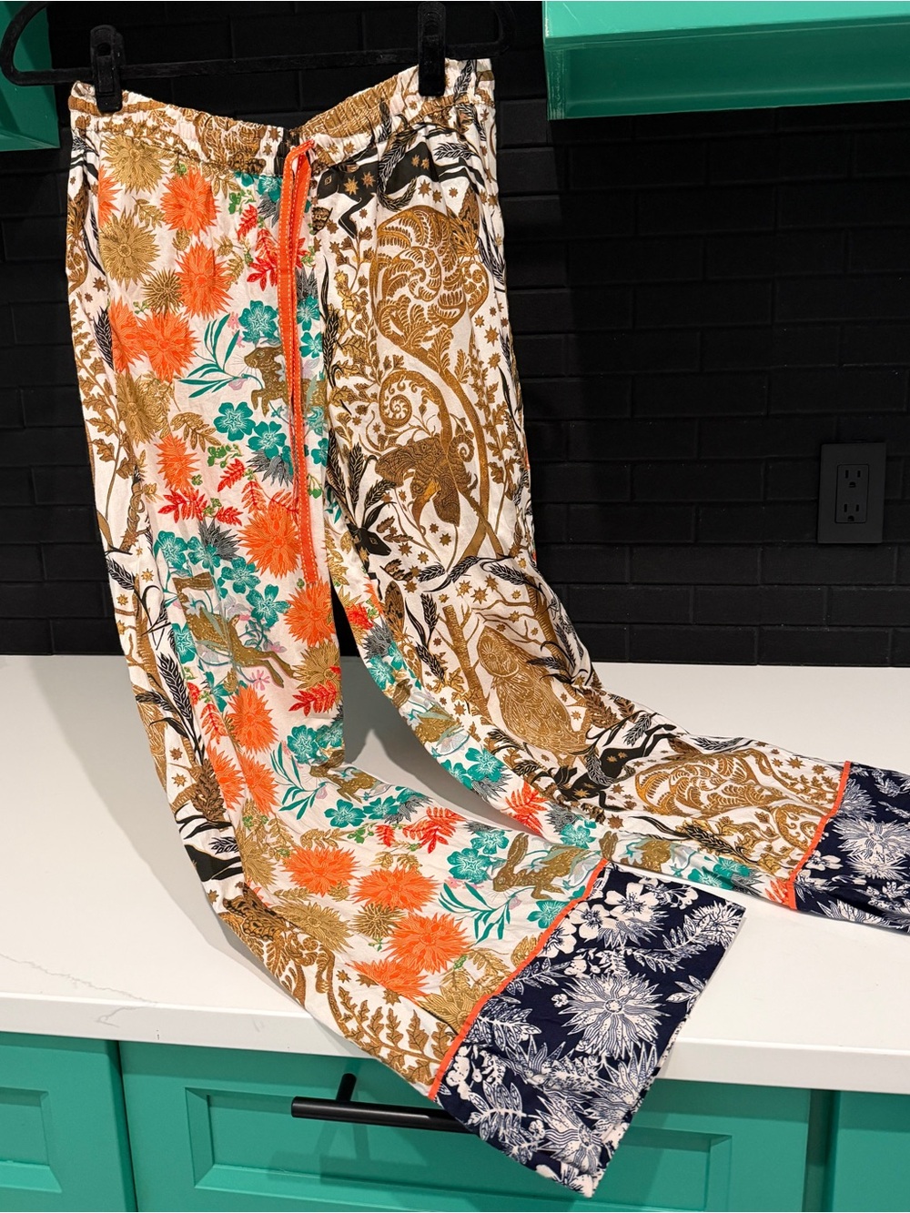 Anthropologie Mixed Floral & Paisley Wide-Leg Pants in Cream, Orange, Teal, Navy
